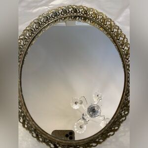 Antique Oval Mirrored Tray with Gold Tone Metal Accent Surrounding Makeup